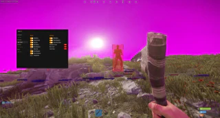 Rust character in bright terrain beside an open settings panel.
