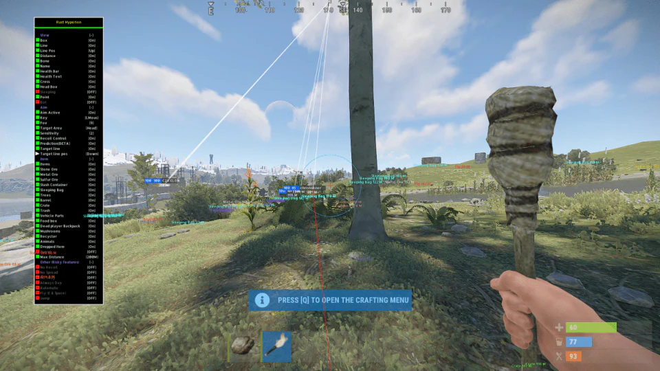 Rust outdoor view with an on-screen settings panel.