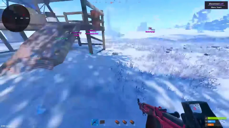 Rust first-person view over snow with a weapon and visual markers.
