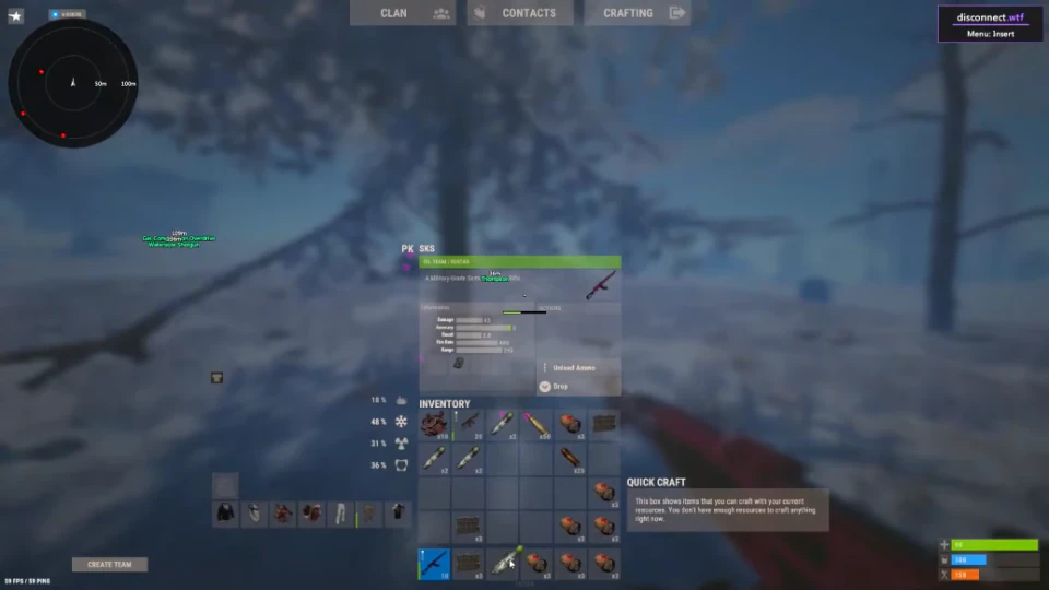Rust inventory and item interface over a forest scene.