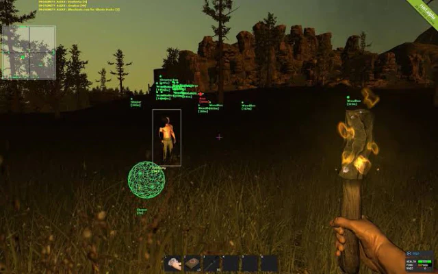 Rust nighttime view with a highlighted character and visual markers.
