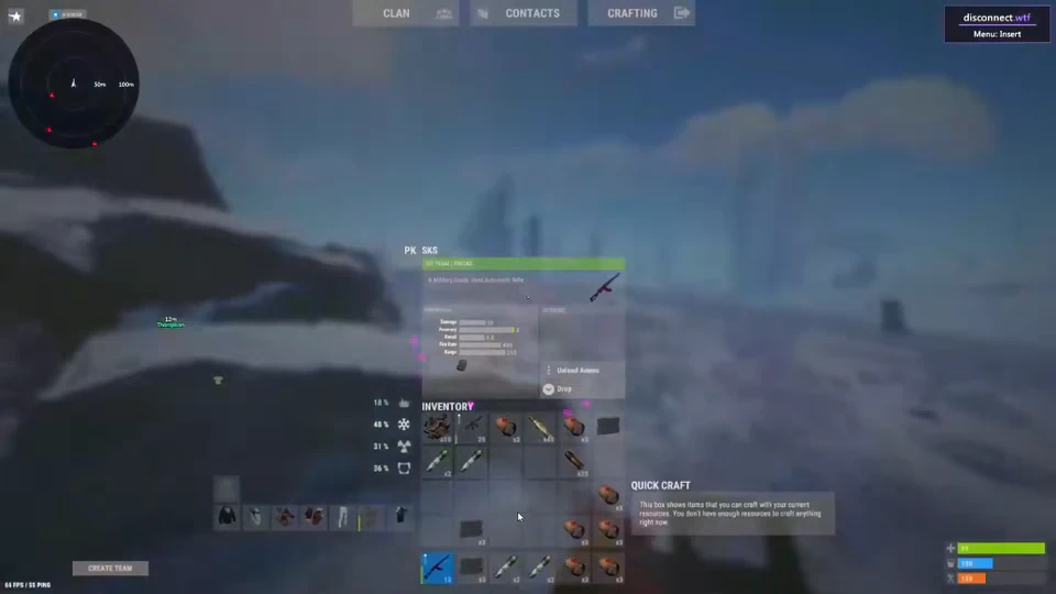 Rust item interface displayed over a snowy open area.